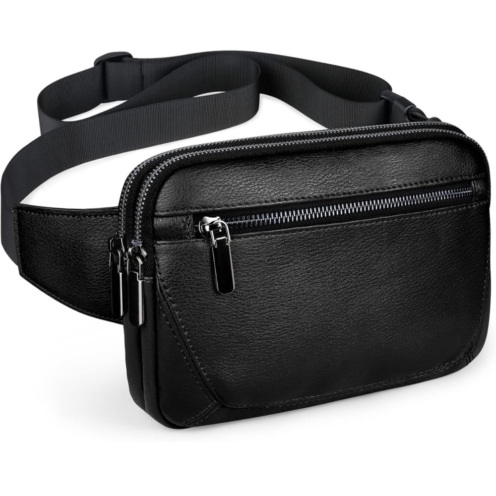 Large Black Leather Fanny Pack, Belt Bag, Unisex, fitS up to a 60” waist, NWT